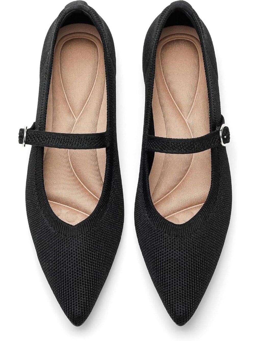 Women's Black 1 Knit Flats Pointed Tip Casual Ballet Flat Shoes with Ankle Strap
